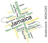 Jamaica map and words cloud with larger cities