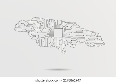 Mapa de Jamaica - Modelo de vector de mapa mundial con placa de circuito futurista Resumen Ilustración o línea de mezcla de tecnología de alta tecnología y escalas de puntos sobre fondo blanco - Ilustración de vectores ep 10