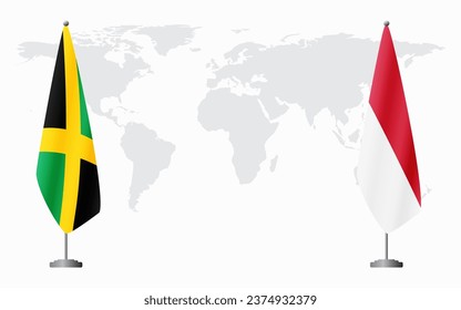 Jamaica and Monaco flags for official meeting against background of world map.