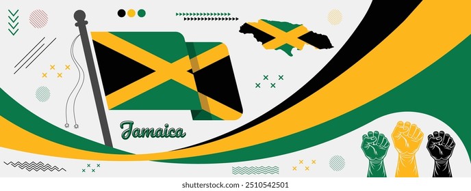  Banner nacional da Jamaica com a bandeira nacional e o mapa da Jamaica, celebrando a independência do país, a rica cultura e o orgulho insular, perfeito para celebrações e eventos patrióticos