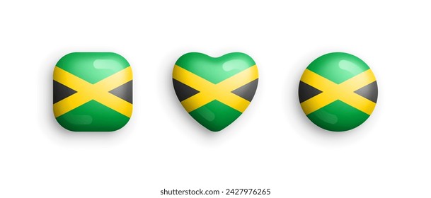Jamaica Official National Flag 3D Vector Glossy Icons In Rounded Square, Heart And Circle Shapes Isolated On White. Jamaican Sign And Symbols Graphic Design Elements Volumetric Buttons Collection