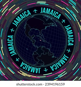 Jamaica on globe. Satelite view of the world centered to Jamaica. Bright neon style. Futuristic radial bricks background. Beautiful vector illustration.