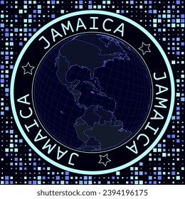 Jamaica on globe vector. Futuristic satellite view of the world centered on Jamaica. Geographical illustration with the shape of the country and squares background. Bright neon colors on dark background.