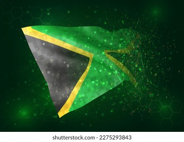 Jamaica, on vector 3d flag on green background with polygons and data numbers