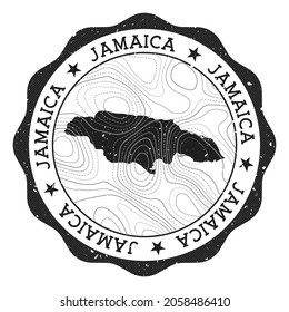 Jamaica outdoor stamp. Round sticker with map of country with topographic isolines. Vector illustration. Can be used as insignia, logotype, label, sticker or badge of the Jamaica.
