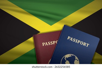 Jamaica Passports with Jamaican Flag Background	