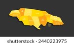 Jamaica political map of administrative divisions - parishes. Yellow shade flat vector map with name labels and dropped shadow isolated on dark grey background.