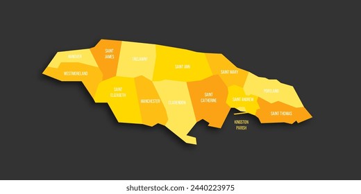 Jamaika politische Karte der administrativen Divisionen - Pfarreien. Flache Vektor-Map mit gelben Schattierungen und abgeworfenen Schatten auf dunkelgrauem Hintergrund.