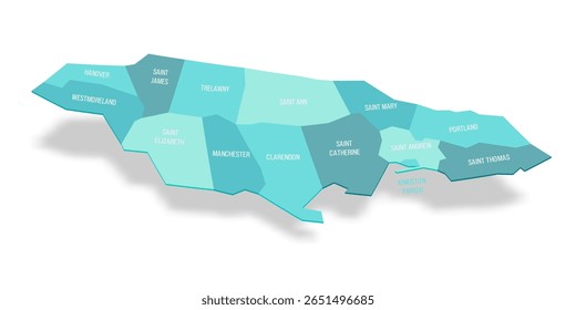 Jamaica mapa político de divisões administrativas - paróquias. Mapa de vetor turquesa 3D com rótulos de nome.