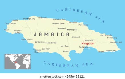 Jamaica Political Map and capital Kingston, with important cities,