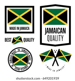 Jamaica quality isolated label set for goods. Exporting stamp with jamaican flag, nation manufacturer certificate element, country product vector emblem. Made in Jamaica badge collection. svg