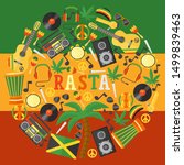 Jamaica rastafarian icons in round frame composition, vector illustration. Flat style symbols of Jamaican culture and reggae music. Isolated items of rastafarian lifestyle, colorful background