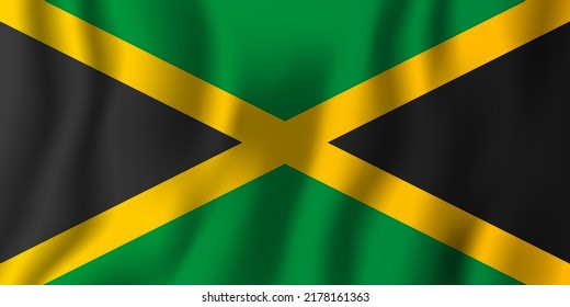 Ilustración vectorial de bandera ondulada realista en Jamaica. Símbolo nacional de fondo del país. Día de la Independencia.