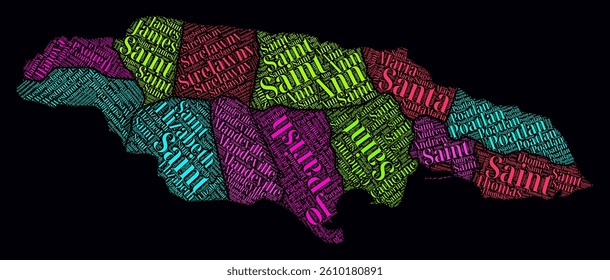 Jamaica Regions Word Clouds. Bright neon style design on dark background. Region names of the country in English language. Country shape with administrative division. Creative vector illustration.