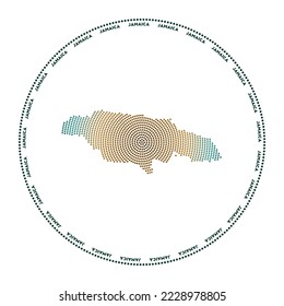 Jamaica round logo. Digital style shape of Jamaica in dotted circle with country name. Tech icon of the country with gradiented dots. Radiant vector illustration.