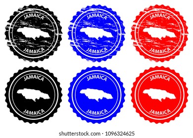 Jamaica - rubber stamp - vector, Jamaica map pattern - sticker - black, blue and red