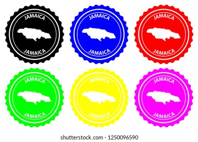 Jamaica - rubber stamp - vector, Jamaica map pattern - sticker - black, blue, green, yellow, purple and red