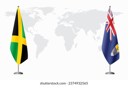 Jamaica and Saint Helena flags for official meeting against background of world map.