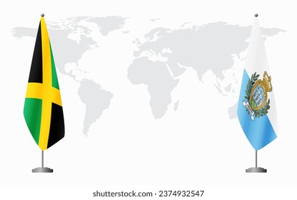 Jamaica and San Marino flags for official meeting against background of world map.