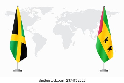 Jamaica and Sao Tome and Principe flags for official meeting against background of world map.