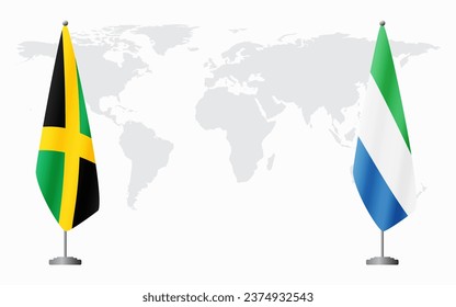 Jamaica and Sierra Leone flags for official meeting against background of world map.