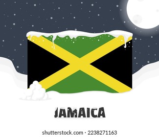 Jamaica snowy weather concept, cold weather and snowfall, Jamaica weather forecast winter banner idea, snow cap on flag with snowballs and moon, blizzard and adverse weather conditions