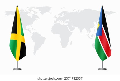 Jamaica and South Sudan flags for official meeting against background of world map.