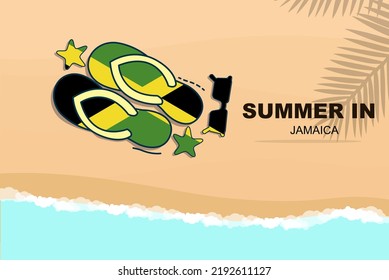 Jamaica summer holiday vector banner, beach vacation concept, flip flops sunglasses starfish on sand, copy space area, Jamaica summer travel and tourism idea with flag