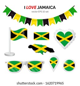 Jamaica symbols attributes. Heart, flags, glasses, buttons and garlands with civil and state Jamaica colors. Vector illustration for your graphic design.