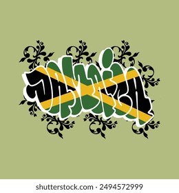 Jamaica Throw Up Graffiti Style Using Colors Flag Design Inspiration With White Outline And Ornamental On The Background 