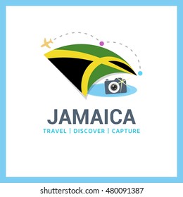 Jamaica Travel, Discover, Capture logo - Vector travel Photographer logo design - Country Flag Travel, Discover and Photgrapher Conceptual logotype - vector illustration