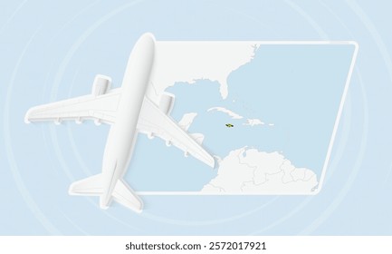 Jamaica Travel Illustration with Plane and National Flag. Ideal for travel agencies, promotional materials, or geographic content related to Jamaica.