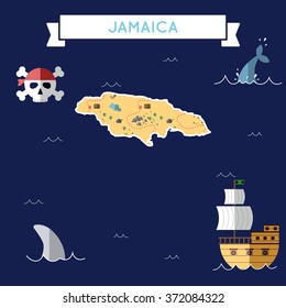 Jamaica treasure map in flat design. Colorful cartoon treasure map of Jamaica with flat design icons of pirate ship and jolly roger. Jamaica flat design vector illustration.