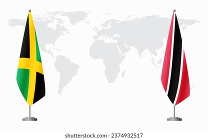 Jamaica and Trinidad and Tobago flags for official meeting against background of world map.