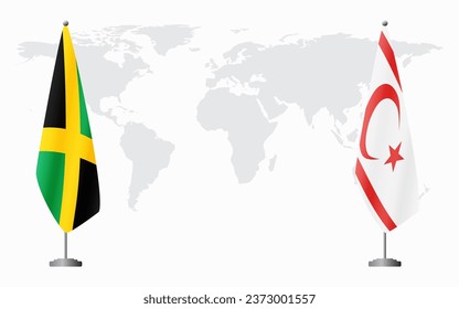 Jamaica and Turkish Republic of Northern Cyprus flags for official meeting against background of world map.