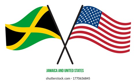 Jamaica and United States Flags Crossed And Waving Flat Style. Official Proportion. Correct Colors.