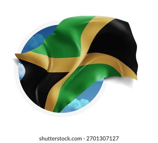 Jamaica, vector 3d flag against a blue sky, through a round hole on a white background
