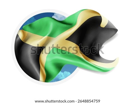 Jamaica, vector 3d flag against a blue sky, through a round hole on a white background