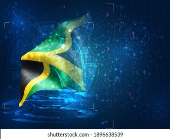 Jamaika, Vektor-3D-Flagge auf blauem Hintergrund mit hud-Schnittstellen