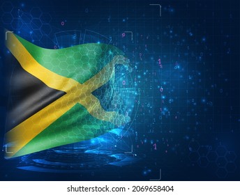 Jamaica, vector 3d flag on blue background with hud interfaces