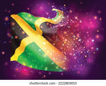 Jamaica, vector 3d flag on pink purple background with lighting and flares