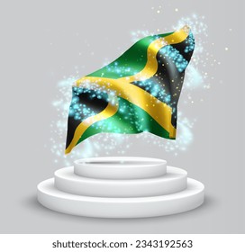 Jamaica, vector 3d flag on the podium surrounded by a whirlwind of magical radiance