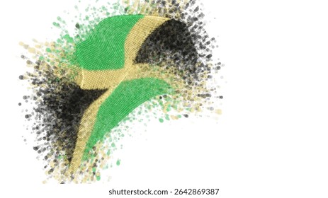 Jamaika, Vektor 3D-Flagge mit einem Spritzer von Farbpunkten, Explosion von farbigen Punkten