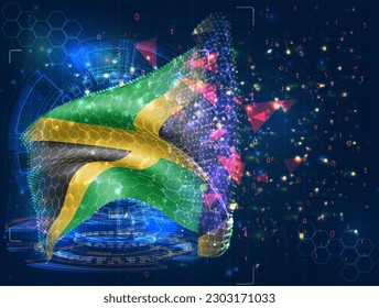 Jamaica, bandera vectorial, objeto 3D virtual abstracto de polígonos triangulares sobre fondo azul
