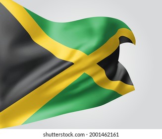 Jamaica, vector flag with waves and bends waving in the wind on a white background.