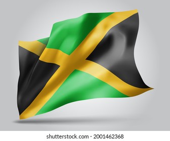 Jamaica, vector flag with waves and bends waving in the wind on a white background.