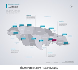 Jamaica vector map with infographic elements, pointer marks. Editable template with regions, cities and capital Kingston. 