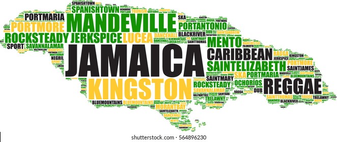 Jamaica vector map silhouette on a tag cloud in black, yellow and green