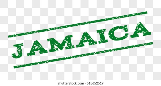 Jamaica watermark stamp. Text tag between parallel lines with grunge design style. Rubber seal stamp with unclean texture. Vector green color ink imprint on a chess transparent background.