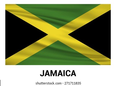 Jamaica Waving flag isolated vector in official colors and Proportion Correctly. waving wind Flag realistic fabric effect. country's name label in bottom